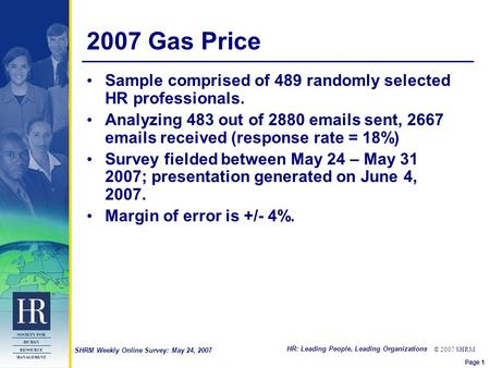 HR: Leading People, Leading Organizations © 2007 SHRM SHRM Weekly Online Survey: May 24, 2007 2007 Gas Price Sample comprised of 489 randomly selected.