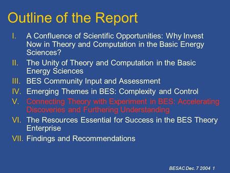 BESAC Dec. 7 2004 1 Outline of the Report I. A Confluence of Scientific Opportunities: Why Invest Now in Theory and Computation in the Basic Energy Sciences?