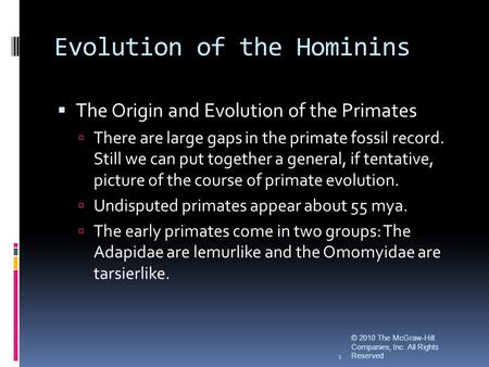 Evolution of the Hominins © 2010 The McGraw-Hill Companies, Inc. All Rights Reserved 1  The Origin and Evolution of the Primates  There are large gaps.