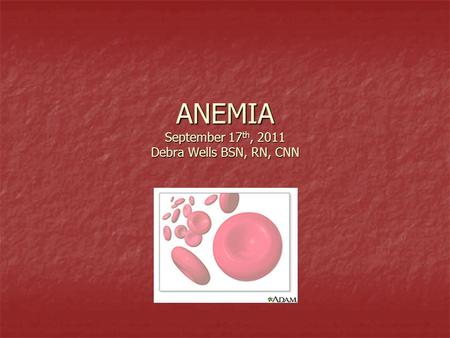 ANEMIA September 17 th, 2011 Debra Wells BSN, RN, CNN.