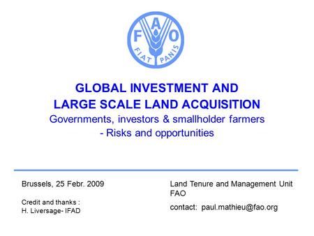 GLOBAL INVESTMENT AND LARGE SCALE LAND ACQUISITION Governments, investors & smallholder farmers - Risks and opportunities Land Tenure and Management Unit.