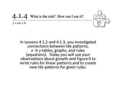 In Lessons 4.1.2 and 4.1.3, you investigated connections between tile patterns, x → y tables, graphs, and rules (equations).  Today you will use your observations.