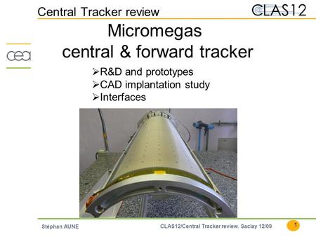 1 CLAS12/Central Tracker review. Saclay 12/09 Stéphan AUNE Central Tracker review Micromegas central & forward tracker  R&D and prototypes  CAD implantation.
