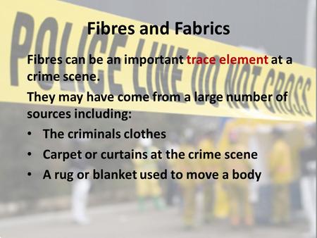 Fibres and Fabrics Fibres can be an important trace element at a crime scene. They may have come from a large number of sources including: The criminals.