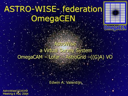 AstroWise((G)A)VO Meeting 6 May 2004 ASTRO-WISE- federation OmegaCEN AstroWise a Virtual Survey System OmegaCAM – Lofar – AstroGrid –((G)A) VO AstroWise.