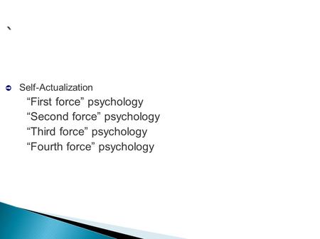 ` ➲ Self-Actualization –“First force” psychology –“Second force” psychology –“Third force” psychology –“Fourth force” psychology.