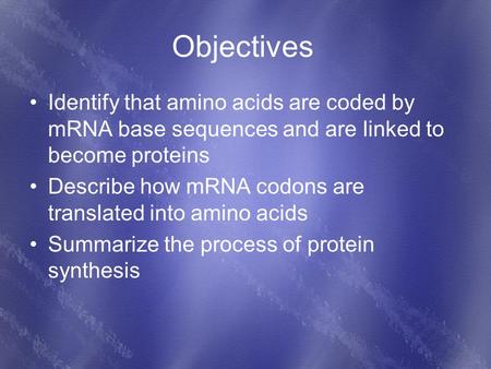 Objectives Identify that amino acids are coded by mRNA base sequences and are linked to become proteins Describe how mRNA codons are translated into amino.