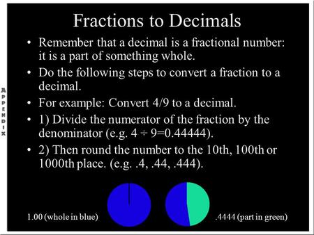 Fractions to Decimals Remember that a decimal is a fractional number: it is a part of something whole. Do the following steps to convert a fraction to.