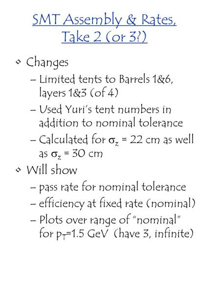 SMT Assembly & Rates, Take 2 (or 3?) Changes –Limited tents to Barrels 1&6, layers 1&3 (of 4) –Used Yuri’s tent numbers in addition to nominal tolerance.