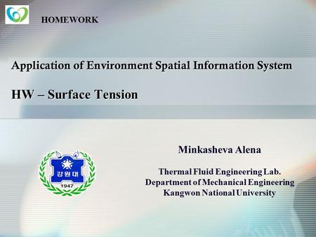 HOMEWORK Application of Environment Spatial Information System HW – Surface Tension Minkasheva Alena Thermal Fluid Engineering Lab. Department of Mechanical.
