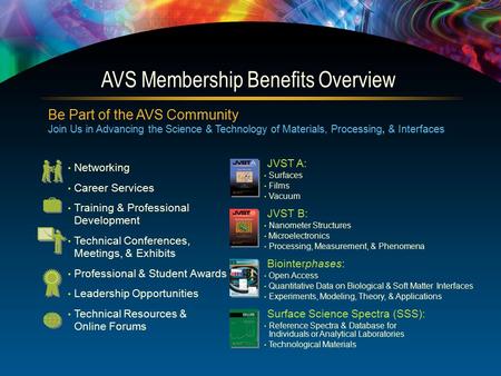 Be Part of the AVS Community Join Us in Advancing the Science & Technology of Materials, Processing, & Interfaces Networking Career Services Training &