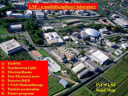 1)DA  NE 2)Synchrotron Light 3)Electron Beams 4)Free Electron Lasers 5)Detector R&D 6)CNAO-Hadrontherapy 7)Particle acceleration 8)Future programs INFN-LNF.
