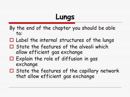 Lungs By the end of the chapter you should be able to:  Label the internal structures of the lungs  State the features of the alveoli which allow efficient.