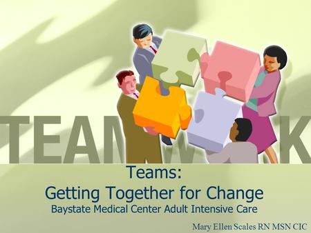 Teams: Getting Together for Change Baystate Medical Center Adult Intensive Care Mary Ellen Scales RN MSN CIC.