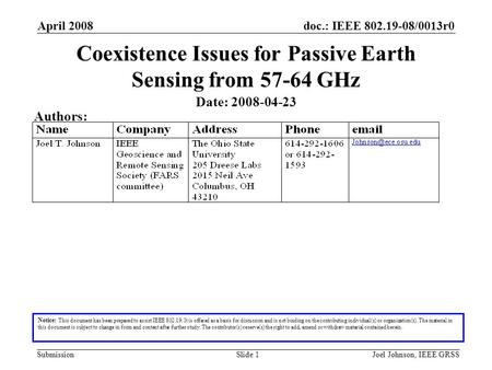 Doc.: IEEE 802.19-08/0013r0 Submission April 2008 Joel Johnson, IEEE GRSSSlide 1 Coexistence Issues for Passive Earth Sensing from 57-64 GHz Notice: This.