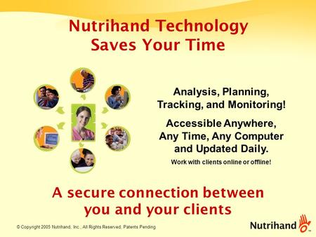 © Copyright 2005 Nutrihand, Inc., All Rights Reserved, Patents Pending Nutrihand Technology Saves Your Time A secure connection between you and your clients.