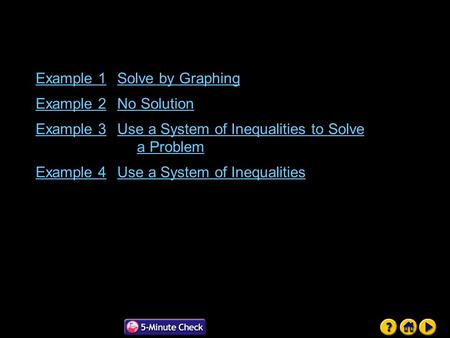 Lesson 5 Contents Example 1Solve by Graphing Example 2No Solution Example 3Use a System of Inequalities to Solve a Problem Example 4Use a System of Inequalities.