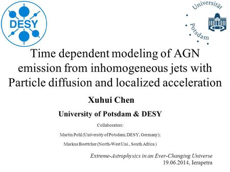 Time dependent modeling of AGN emission from inhomogeneous jets with Particle diffusion and localized acceleration Extreme-Astrophysics in an Ever-Changing.