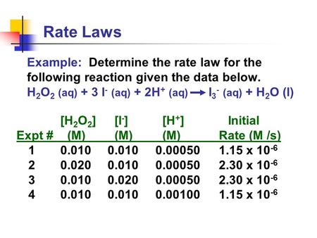 Rate Laws Example: Determine the rate law for the following reaction given the data below. H 2 O 2 (aq) + 3 I - (aq) + 2H + (aq) I 3 - (aq) + H 2 O (l)