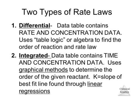 Chemical Kinetics Two Types of Rate Laws 1.Differential- Data table contains RATE AND CONCENTRATION DATA. Uses “table logic” or algebra to find the order.