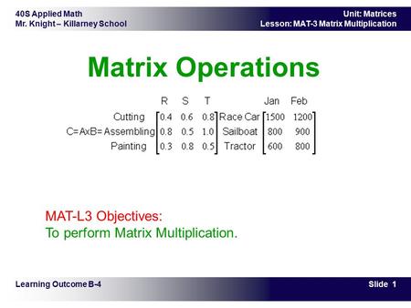40S Applied Math Mr. Knight – Killarney School Slide 1 Unit: Matrices Lesson: MAT-3 Matrix Multiplication Matrix Operations Learning Outcome B-4 MAT-L3.