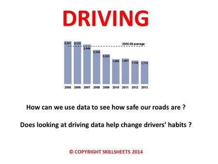 DRIVING How can we use data to see how safe our roads are ? Does looking at driving data help change drivers’ habits ? © COPYRIGHT SKILLSHEETS 2014.