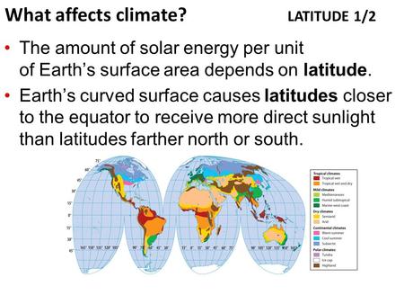 The amount of solar energy per unit of Earth’s surface area depends on latitude. Earth’s curved surface causes latitudes closer to the equator to receive.