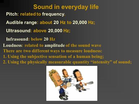 Sound in everyday life Pitch: related to frequency. Audible range: about 20 Hz to 20,000 Hz; Ultrasound: above 20,000 Hz; Infrasound: below 20 Hz Loudness: