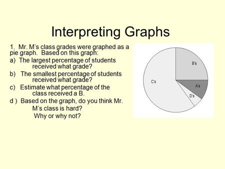 Interpreting Graphs 1. Mr. M’s class grades were graphed as a pie graph. Based on this graph: a) The largest percentage of students 	received what grade?