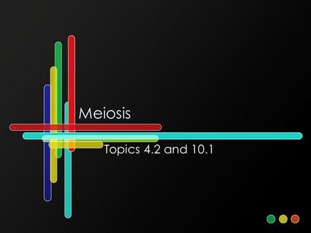 Meiosis Topics 4.2 and 10.1. Assessment Statements 4.2.1State that meiosis is a reduction division of a diploid nucleus to form haploid nuclei. 4.2.2Define.