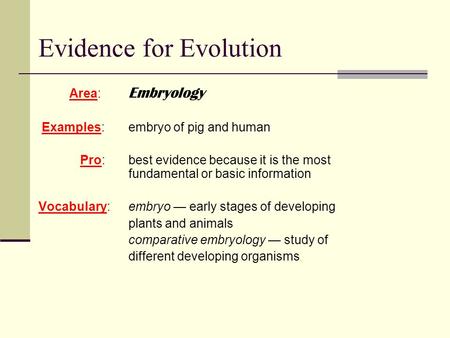 Evidence for Evolution Area: Embryology Examples: embryo of pig and human Pro: best evidence because it is the most fundamental or basic information Vocabulary:embryo.
