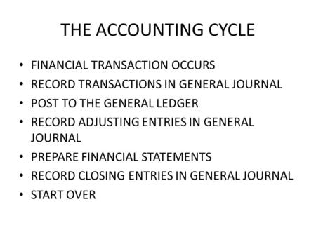 THE ACCOUNTING CYCLE FINANCIAL TRANSACTION OCCURS RECORD TRANSACTIONS IN GENERAL JOURNAL POST TO THE GENERAL LEDGER RECORD ADJUSTING ENTRIES IN GENERAL.