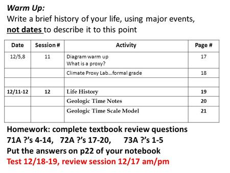 DateSession #ActivityPage # 12/5,811Diagram warm up What is a proxy? 17 Climate Proxy Lab…formal grade18 12/11-1212 Life History 19 Geologic Time Notes.