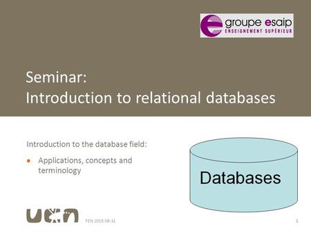 FEN 2015-08-311 Introduction to the database field:  Applications, concepts and terminology Seminar: Introduction to relational databases.