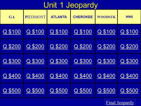 Unit 1 Jeopardy Final Jeopardy GAPIEDMONT ATLANTACHEROKEE WOODSTK WMS Q $100 Q $200 Q $300 Q $400 Q $500.