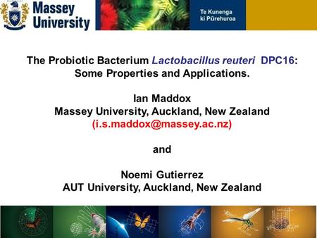 The Probiotic Bacterium Lactobacillus reuteri DPC16: Some Properties and Applications. Ian Maddox Massey University, Auckland, New Zealand