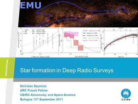Star formation in Deep Radio Surveys Nicholas Seymour ARC Future Fellow CSIRO Astronomy and Space Science Bologna 13 th September 2011.