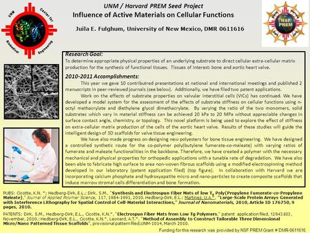 UNM / Harvard PREM Seed Project Influence of Active Materials on Cellular Functions Juila E. Fulghum, University of New Mexico, DMR 0611616 Research Goal: