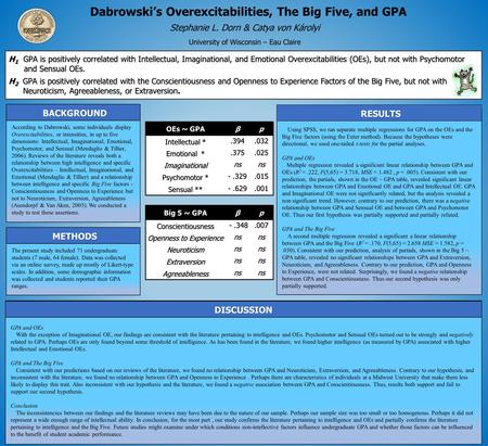 Dabrowski’s Overexcitabilities, The Big Five, and GPA Stephanie L. Dorn & Catya von Károlyi University of Wisconsin – Eau Claire H 1 GPA is positively.