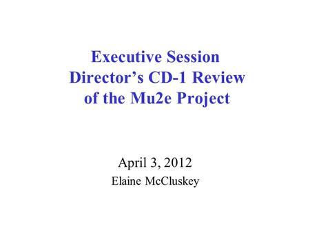 Executive Session Director’s CD-1 Review of the Mu2e Project April 3, 2012 Elaine McCluskey.