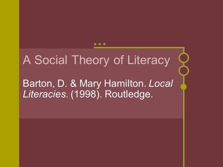 A Social Theory of Literacy Barton, D. & Mary Hamilton. Local Literacies. (1998). Routledge.