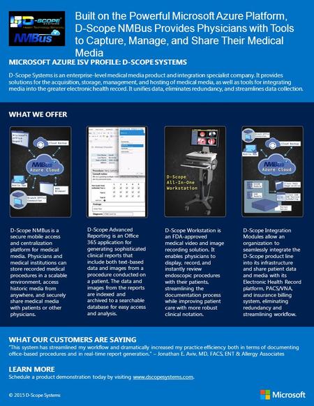 MICROSOFT AZURE ISV PROFILE: D-SCOPE SYSTEMS D-Scope Systems is an enterprise-level medical media product and integration specialist company. It provides.