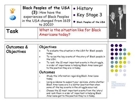 Outcomes & Objectives Objectives To evaluate the situation in the USA for Black people today. To revise the key events of the story of Black people in.