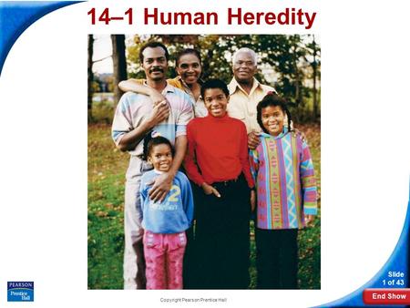 End Show Slide 1 of 43 Copyright Pearson Prentice Hall 14–1 Human Heredity 14-1 Human Heredity.