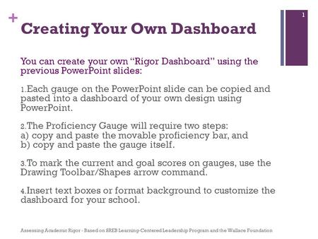 + Creating Your Own Dashboard You can create your own “Rigor Dashboard” using the previous PowerPoint slides: 1. Each gauge on the PowerPoint slide can.