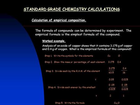 STANDARD GRADE CHEMISTRY CALCULATIONS Calculation of empirical composition. The formula of compounds can be determined by experiment. The empirical formula.