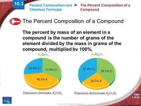 Slide 1 of 40 © Copyright Pearson Prentice Hall Percent Composition and Chemical Formulas > The Percent Composition of a Compound The percent by mass of.