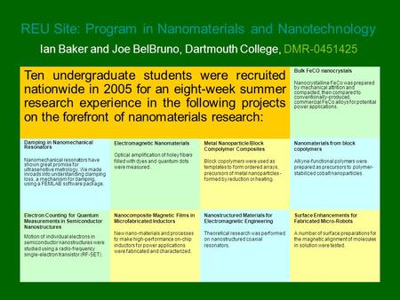 REU Site: Program in Nanomaterials and Nanotechnology Ian Baker and Joe BelBruno, Dartmouth College, DMR-0451425 Electron Counting for Quantum Measurements.