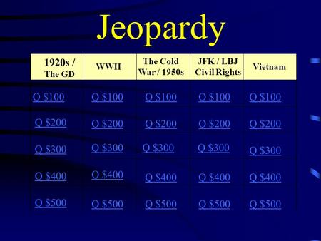 Jeopardy 1920s / The GD WWII The Cold War / 1950s JFK / LBJ Civil Rights Vietnam Q $100 Q $200 Q $300 Q $400 Q $500 Q $100 Q $200 Q $300 Q $400 Q $500.