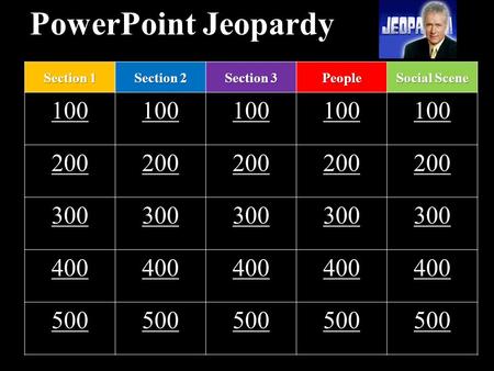 PowerPoint Jeopardy Section 1 Section 2 Section 3 People Social Scene 100 200 300 400 500.